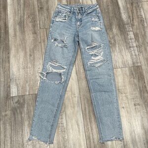 American Eagle Outfitters Ripped Light Blue Denim MoM Jean Long